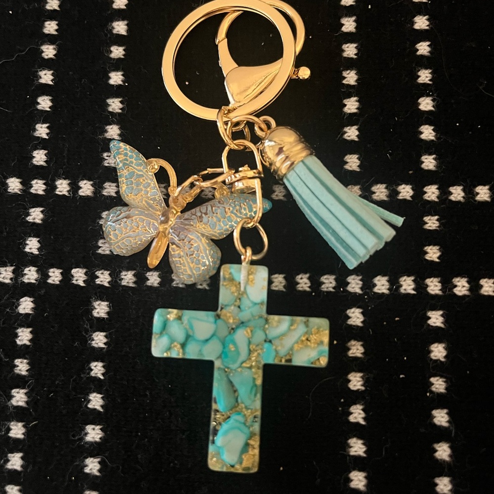 Turquoise Cross Keychain with Butterfly Charm